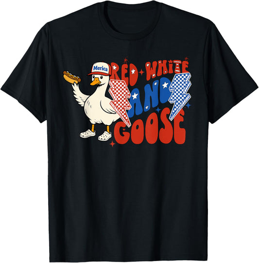 Red White And Goose 4th Of July Patriotic Goose Hot Dog T-Shirt