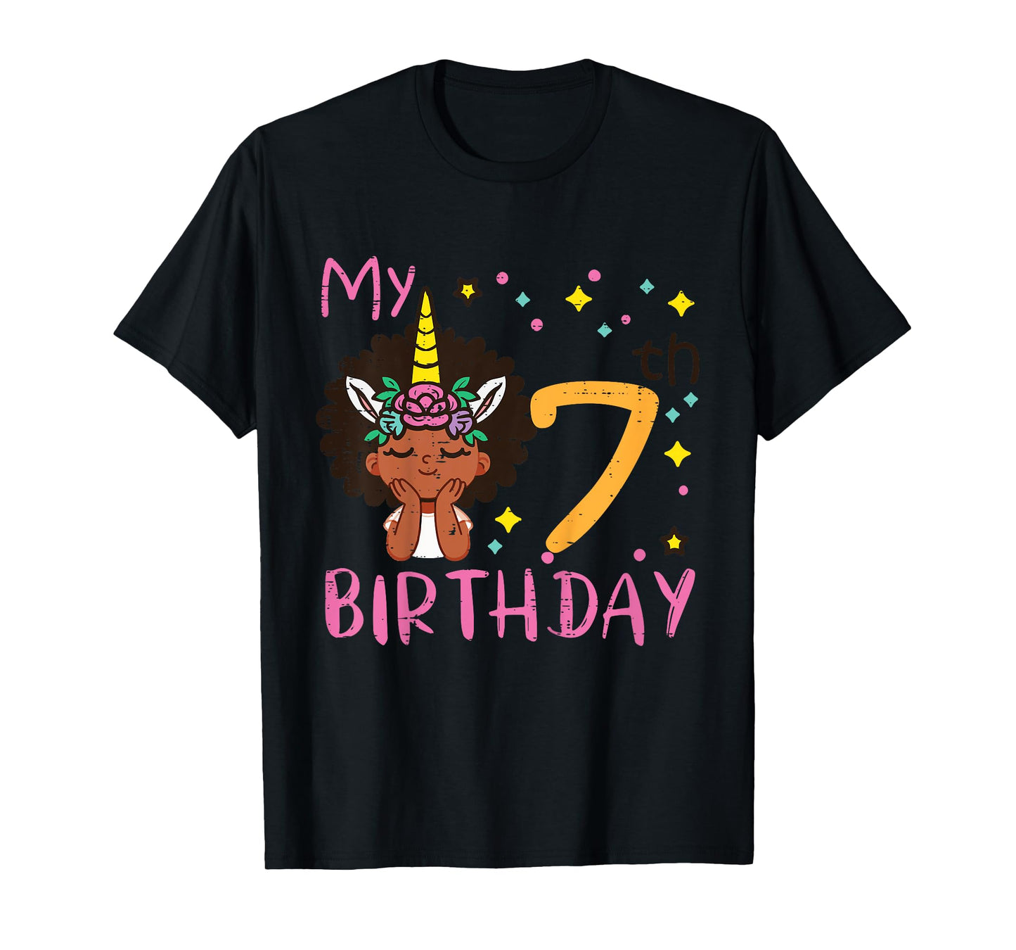 7th Birthday Afro Black Girl Unicorn 7 Year Old Bday Girls T-Shirt