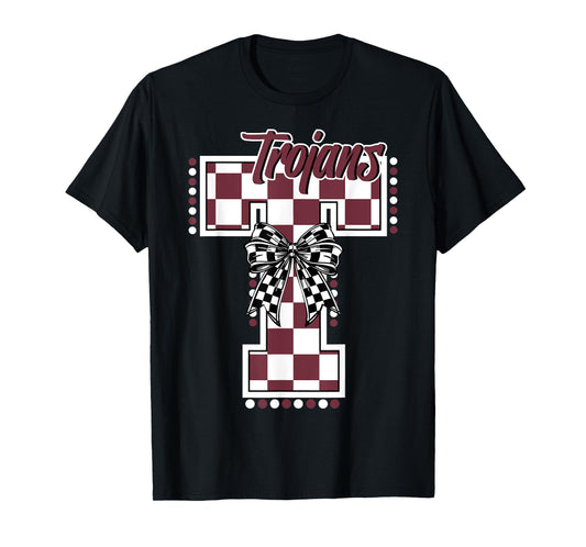 Trojans Checkered Print Trojan Letter Maroon Trojans T-Shirt