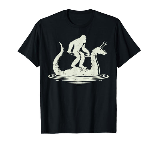 Bigfoot Riding Loch Ness Fun Sasquatch Nessie Women Men Kids T-Shirt
