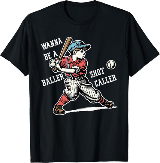 Wanna Be A Baller Shot Caller Retro Game Day Baseball Boy T-Shirt