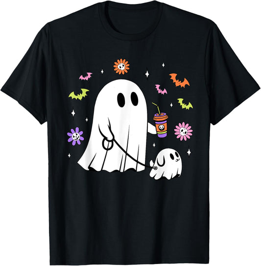 Funny Ghost Walking Dog Spooky Ghost Coffee Halloween Dog T-Shirt