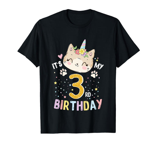 Kids It’s My 3rd Birthday Cute Unicorn Cat 3-Year-Old Girl T-Shirt