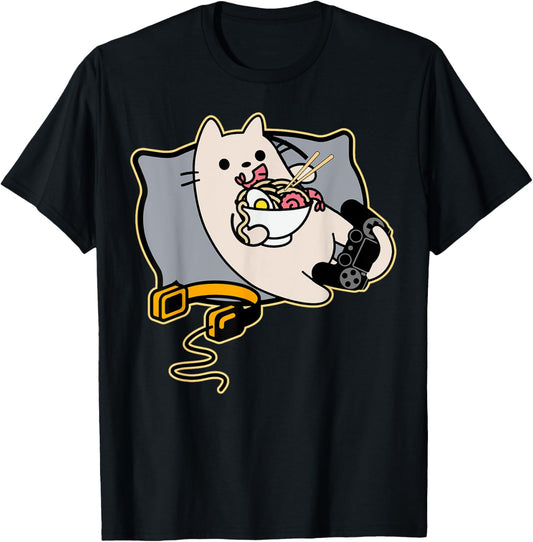 Nerdy Ramen Eating Gamer Cat Game Paused T-Shirt