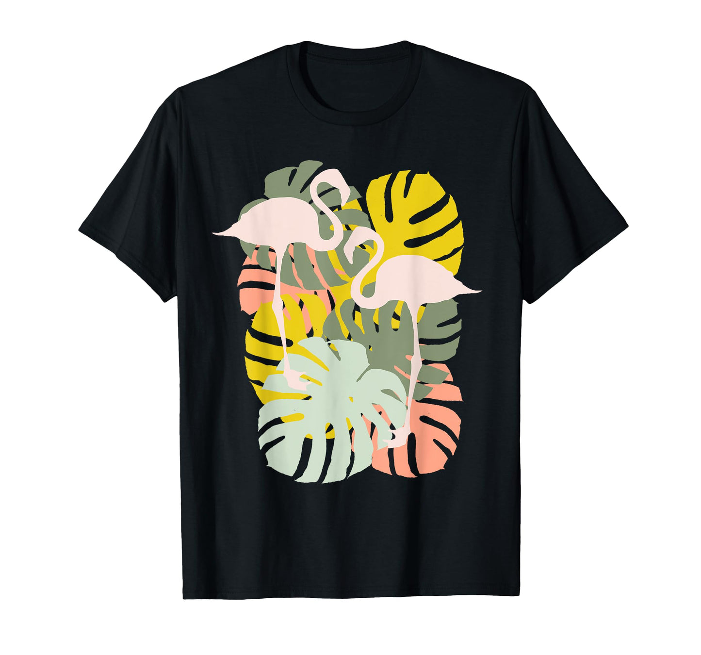 Monstera Leaves And Flamingo Art T-Shirt