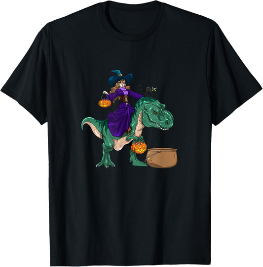 Cute Witch riding Dinosaur Halloween T-Shirt