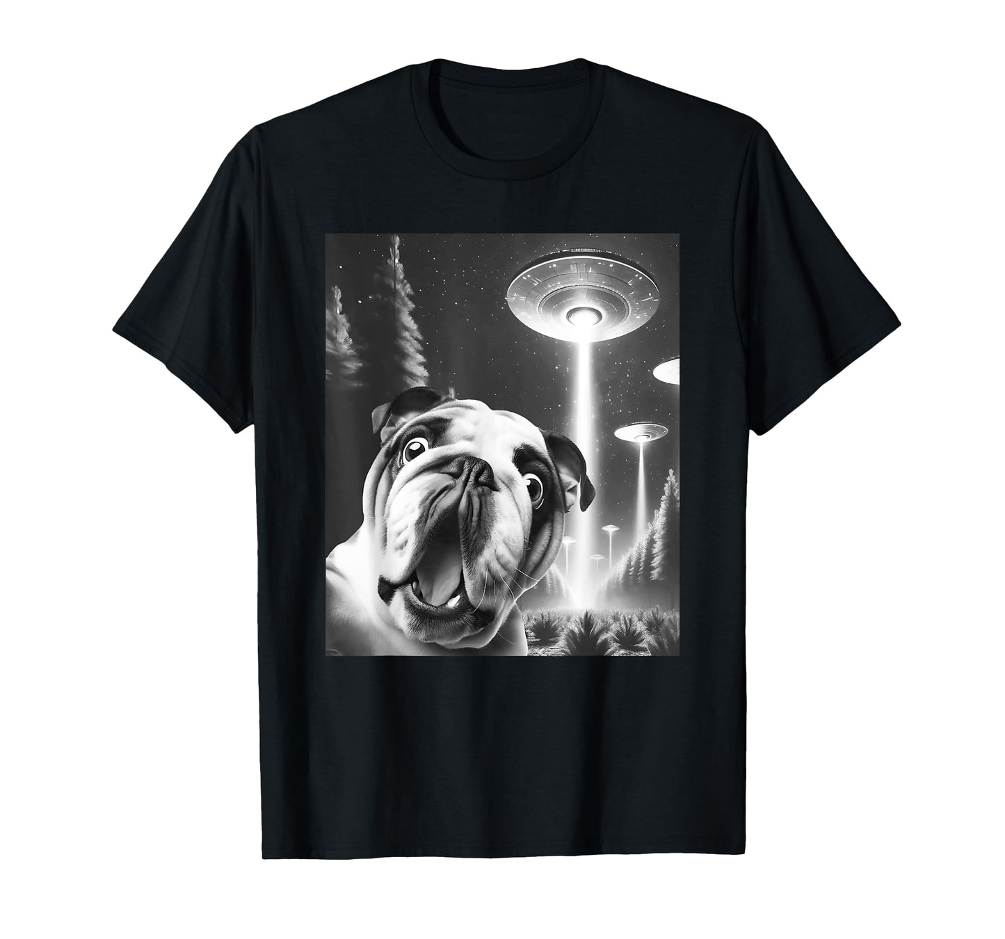 Funny English Bulldog Alien UFO Taking a Selfie Dog Mom Dad T-Shirt