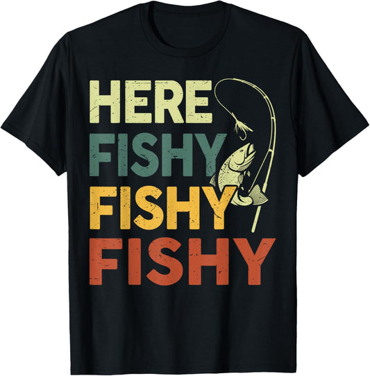Men Here-Fishy Bass Fishing-Shirt Boy Funny Fisherman Dad T-Shirt