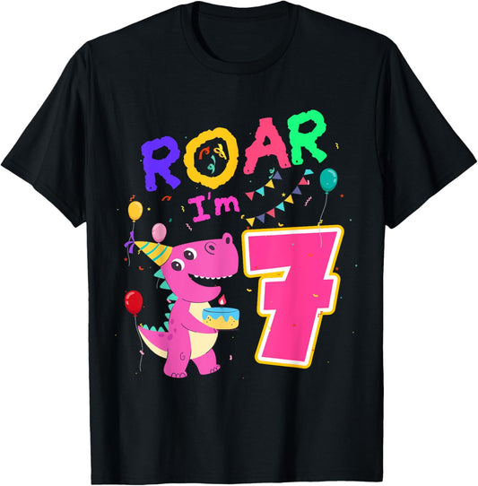 Dino Lover 7th Birthday Dinosaur Girl Party 7 Year Old B-Day T-Shirt