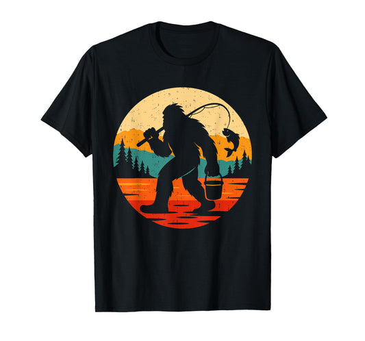 Bigfoot Fishing Funny Retro Sasquatch Fisherman Fish Lovers T-Shirt