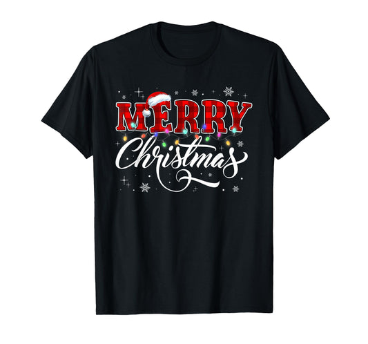 Merry Christmas Buffalo Plaid Red Santa Hat Xmas Pajamas T-Shirt