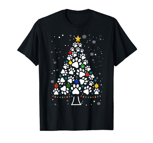 Paw Print Christmas Tree Lights Matching Family Xmas T-Shirt