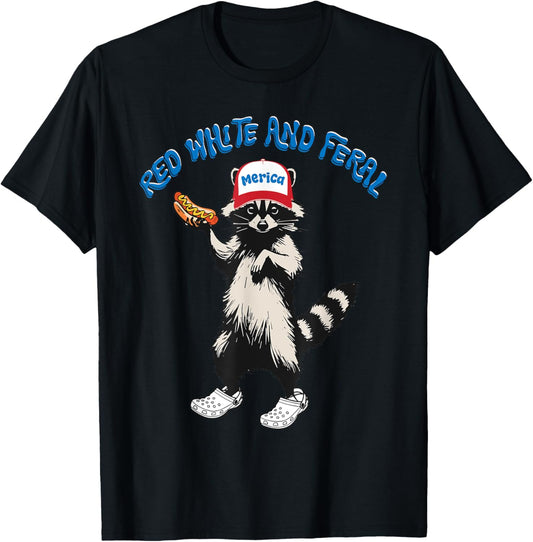 Red White and Feral Funny Raccoon 4th of July Boys Girls T-Shirt
