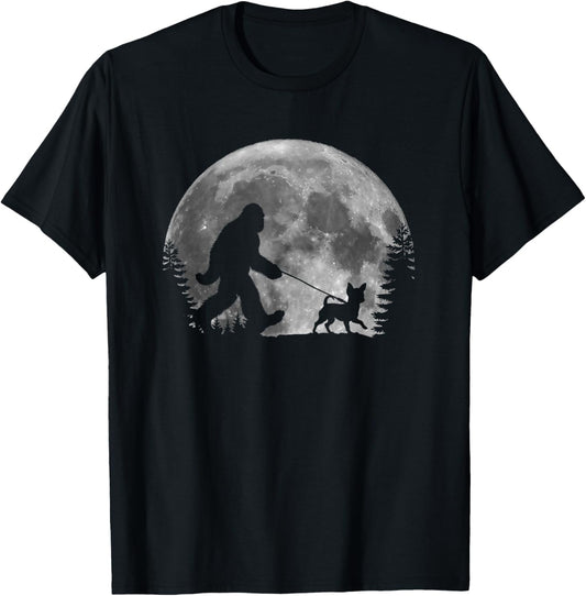 Bigfoot Walking a Dog Funny Chihuahua Lovers Moon Halloween T-Shirt