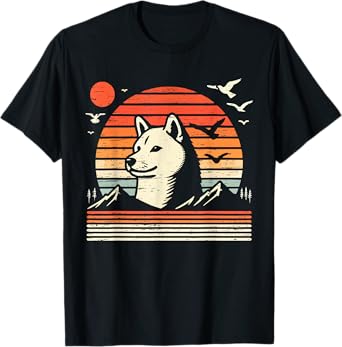 Vintage Shiba Inu Sunset Mountains Birds T-Shirt