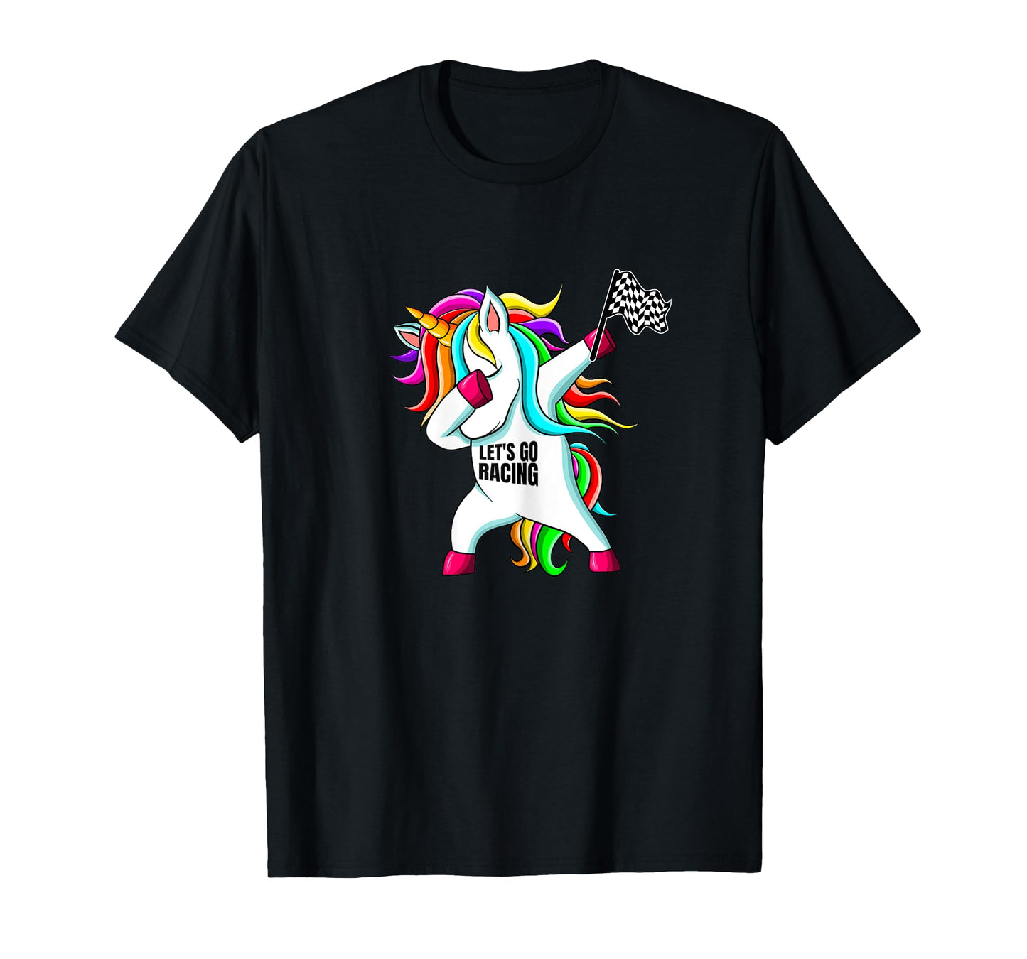 Race Car Racing Dabbing Unicorn Checkered Flag T-Shirt