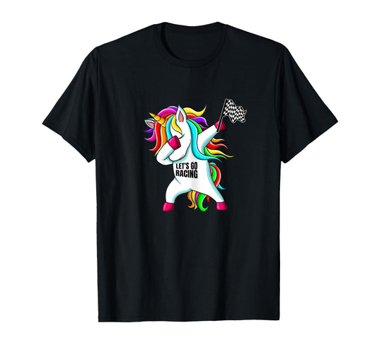 Race Car Racing Dabbing Unicorn Checkered Flag T-Shirt