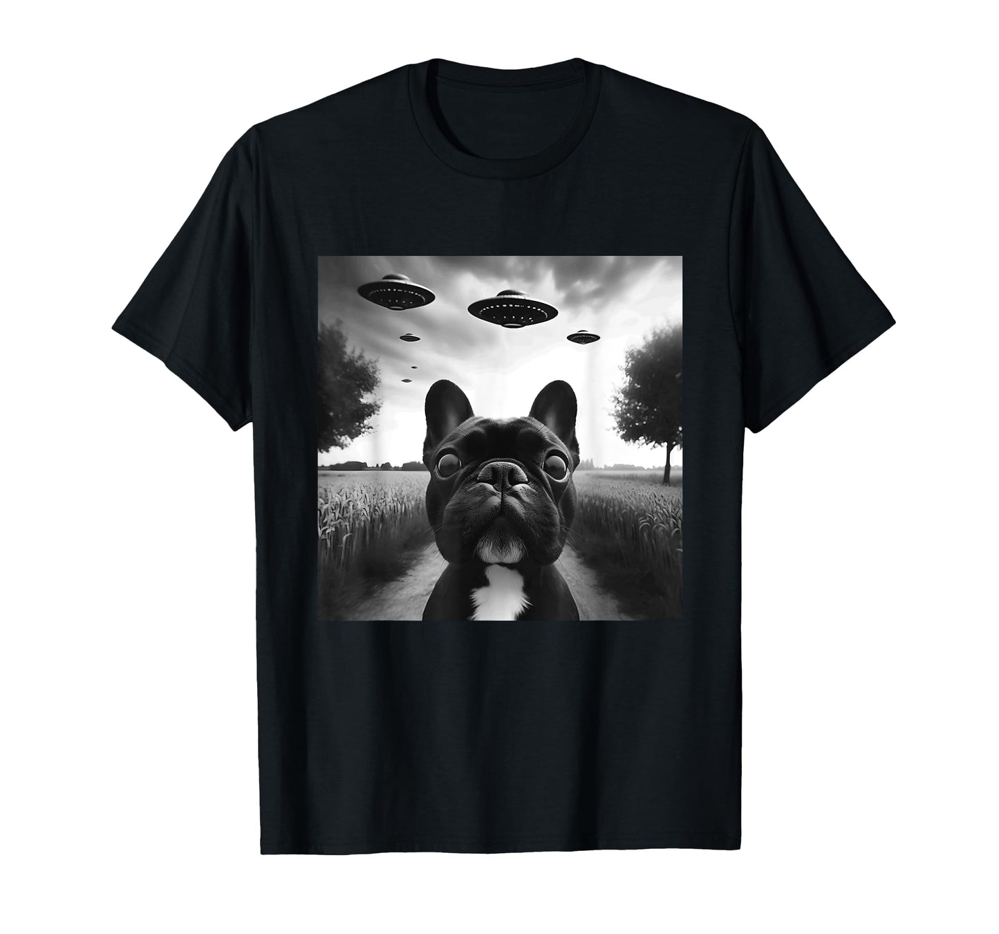 French Bulldog Funny Graphic Selfie with UFOs Weird Aliens T-Shirt