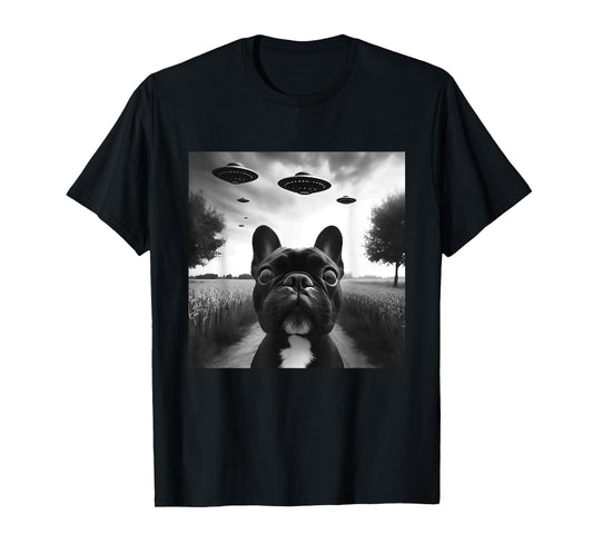French Bulldog Funny Graphic Selfie with UFOs Weird Aliens T-Shirt