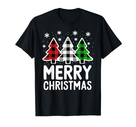 Merry Christmas Shirt Red White Green Buffalo Plaid Tree T-Shirt