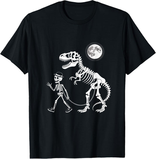 Skeleton Riding Dinosaur T Rex Halloween Trick or Roar T-Shirt