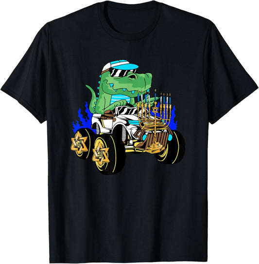 Dinosaur Riding Monster Truck Hanukkah T-Rex Chanukah Jewish T-Shirt