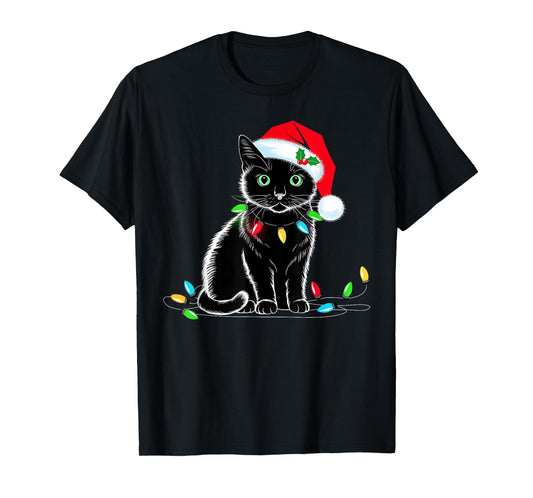 Black Cat Christmas Lights Santa Hat Funny Xmas Cat Lover Men Women Kids T-Shirt
