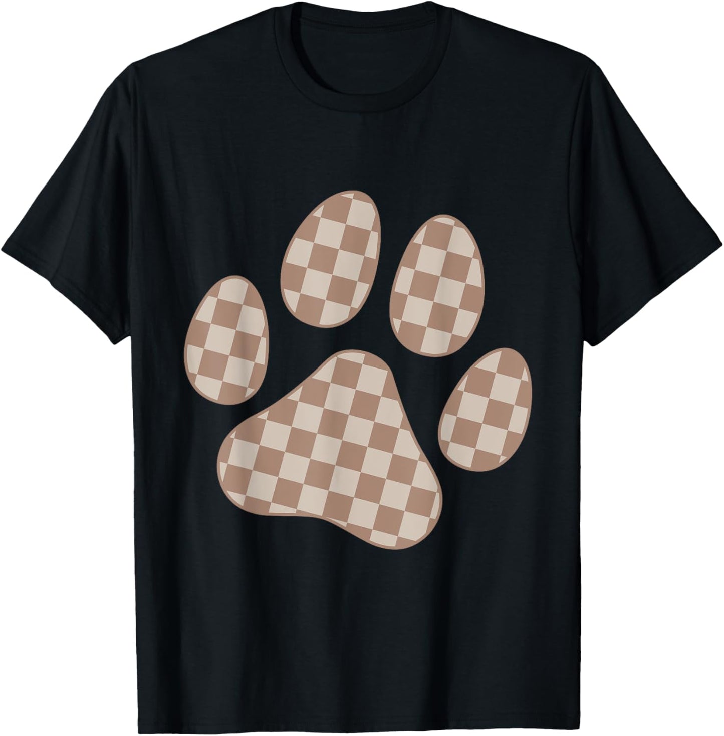 Brown Beige Checkered Cat Dog Paw Print Checkerboard T-Shirt