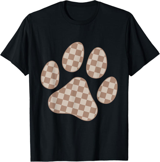 Brown Beige Checkered Cat Dog Paw Print Checkerboard T-Shirt