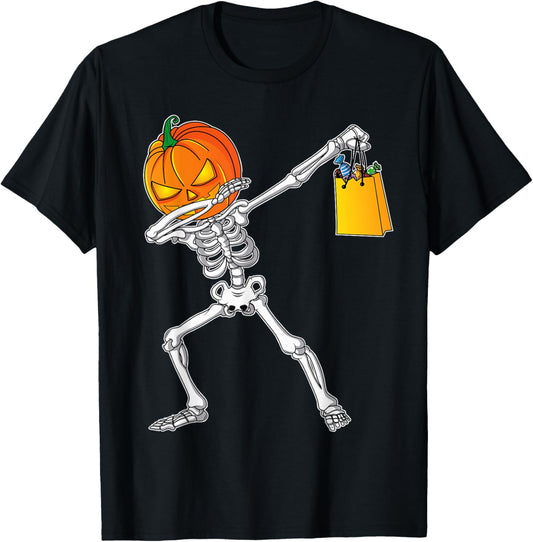 Funny Halloween Shirt For Boys Kids Dabbing Skeleton Pumpkin T-Shirt