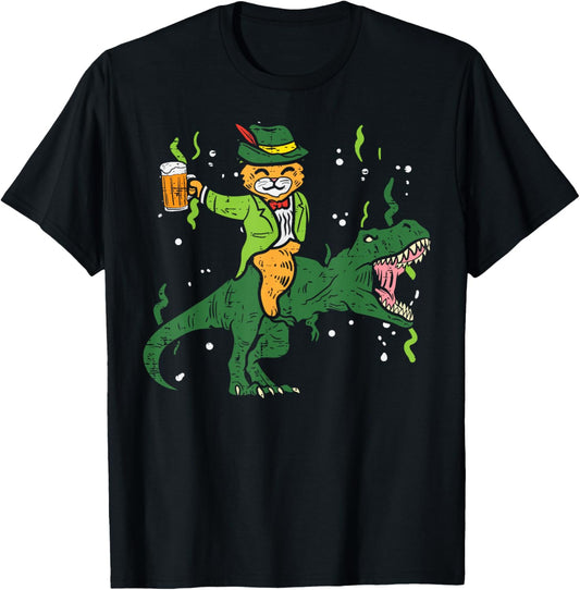 Cat Riding Trex Oktoberfest Funny Dinosaur German Festival T-Shirt