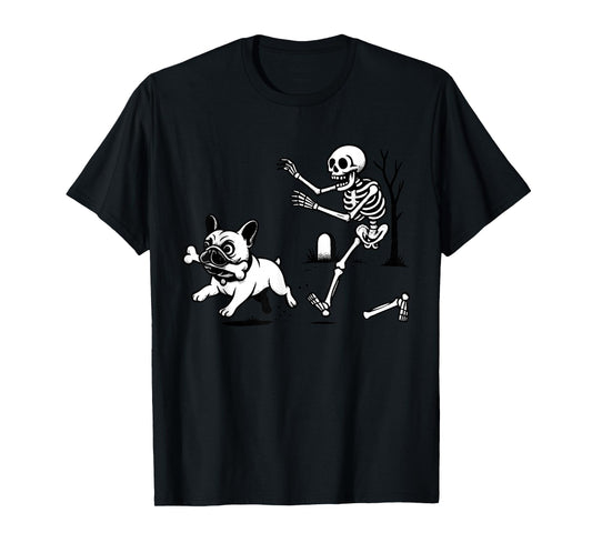 Skeleton Chasing French Bulldog Halloween Dog Mom Pet Lover T-Shirt
