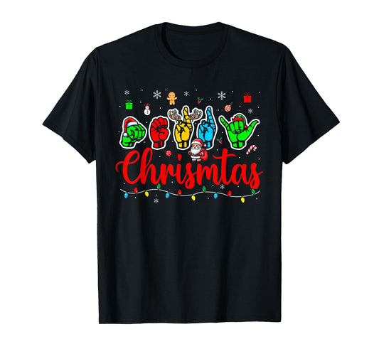 Merry Christmas ASL Hand Sign Language Colorful Santa Lover T-Shirt