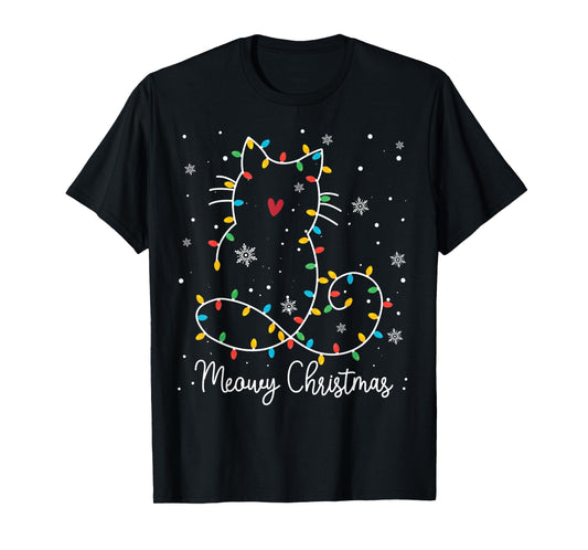 Cute Cat Meowy Christmas Light Cat Lover Mom Dad Merry Xmas Men Women Kids T-Shirt