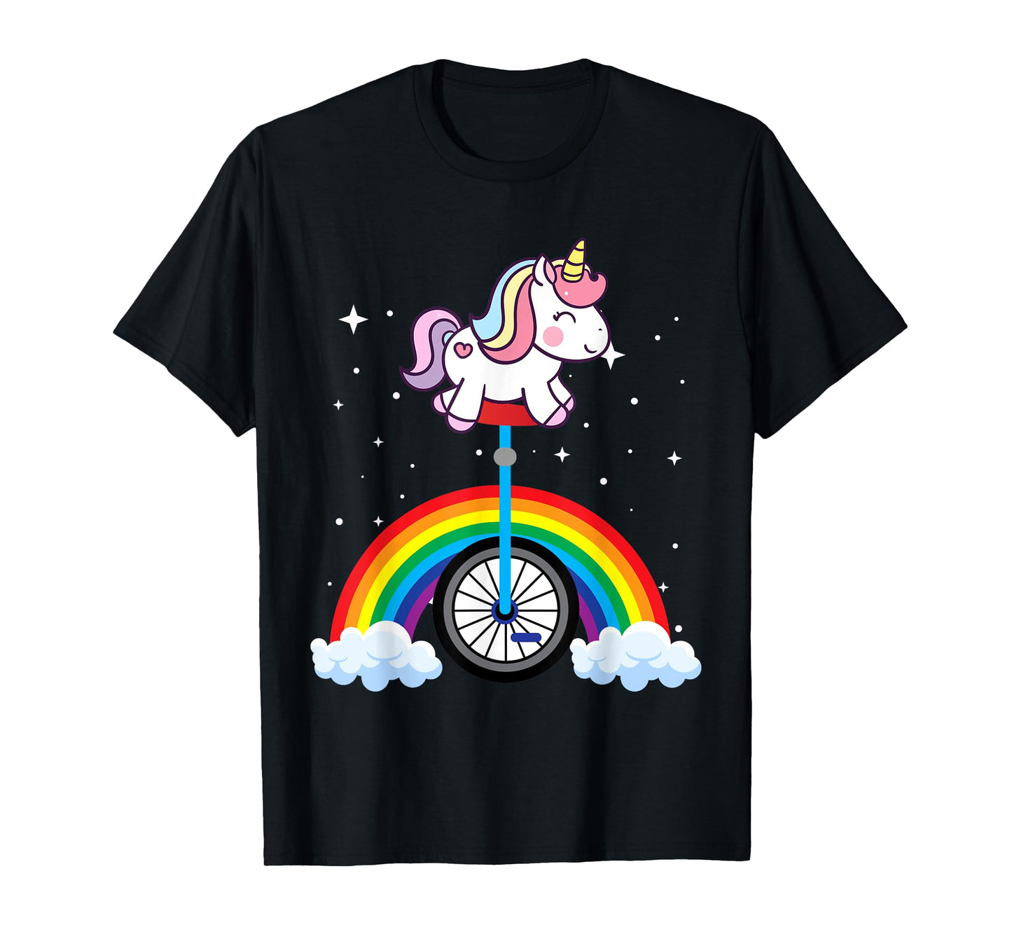Unicorn Riding Unicycle Boys Girls Women Kids Teens Rainbow T-Shirt