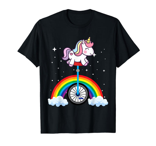 Unicorn Riding Unicycle Boys Girls Women Kids Teens Rainbow T-Shirt