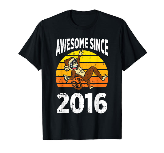 Monkey Awesome Since 2016 7th Birthday 7 Years Old T-Shirt