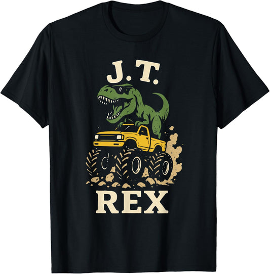 T. Rex J.T. Initials Retro Dinosaur Riding Monster Truck T-Shirt