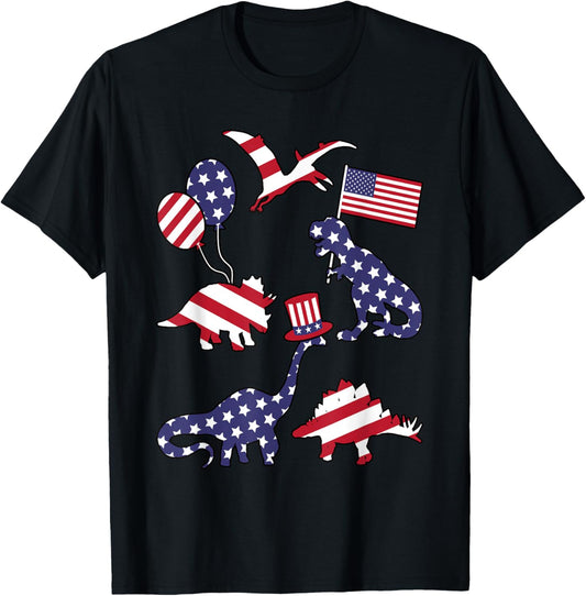Funny 4th Of July American Flag USA Dino Dinosaur Boys Kids T-Shirt
