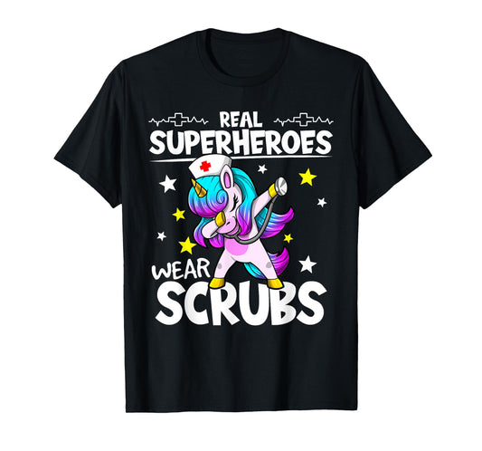 Nursing Dabbing Unicorn Real Superheroes Wear Scrubs Nurse T-Shirt