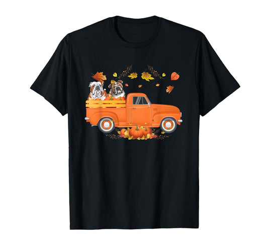 Bulldog Pumpkin Truck Fall Leaf Thanksgiving Halloween Men Women Kids T-Shirt