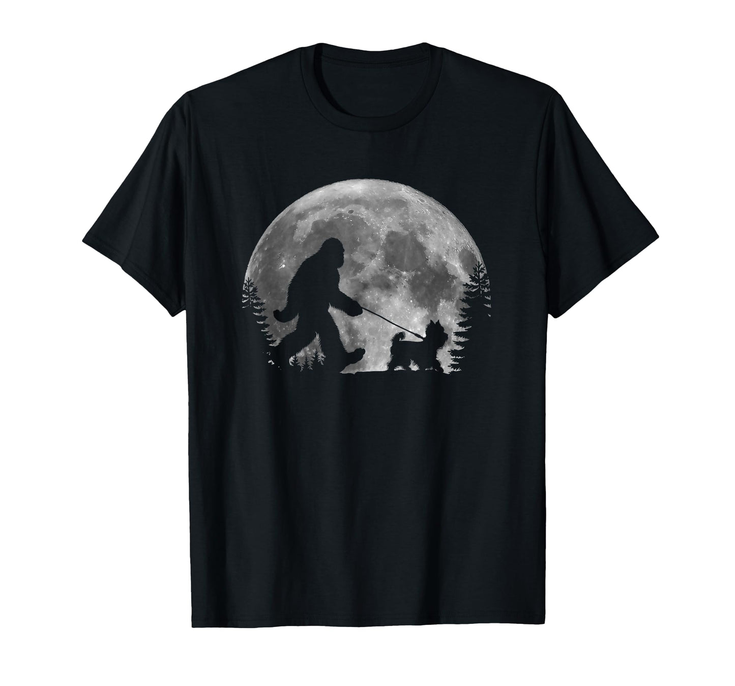 Bigfoot Walking a Dog Funny Yorkie Lovers Moon Halloween T-Shirt for Men Women Kids