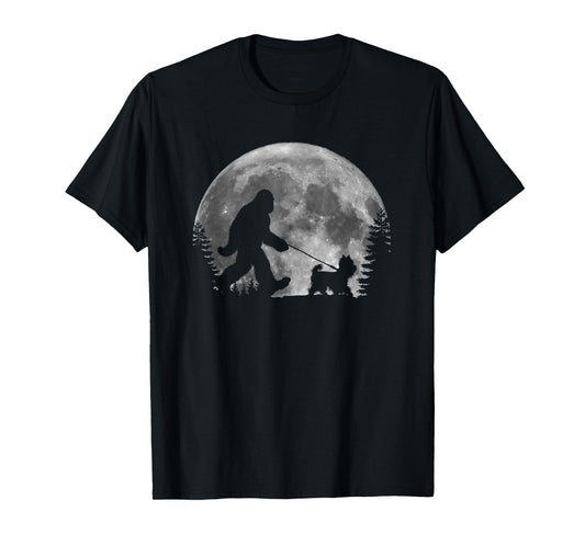 Bigfoot Walking a Dog Funny Yorkie Lovers Moon Halloween T-Shirt for Men Women Kids