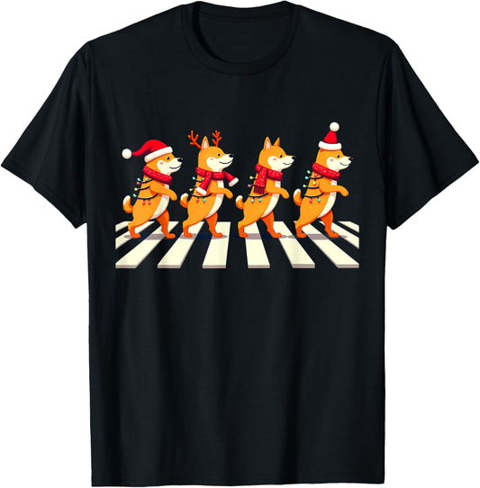 Shiba Inu Dog Crossing Road Xmas T-Shirt