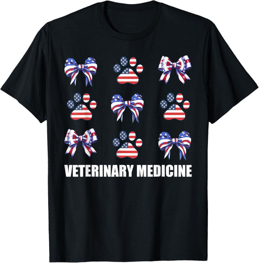 Veterinary Medicine Paw Dog Coquette Bow Vet Tech 4th July T-Shirt