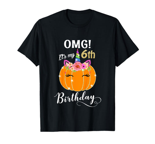 Kids OMG It's My 6th Birthday Floral Pumpkin Unicorn, Halloween T-Shirt