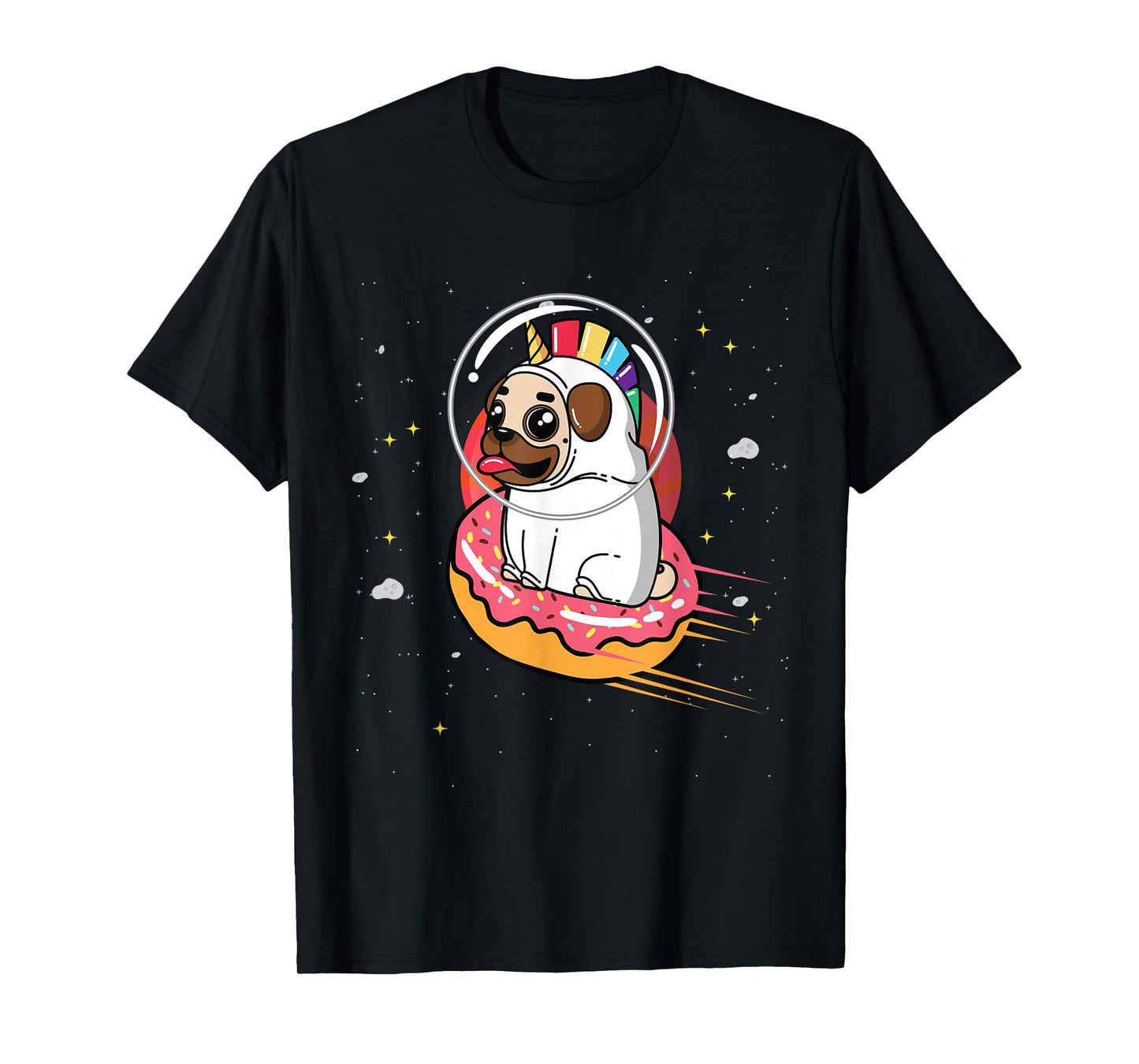 Pug in Rainbow Unicorn Costume riding Donut in Space T-Shirt