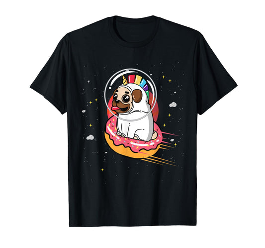 Pug in Rainbow Unicorn Costume riding Donut in Space T-Shirt