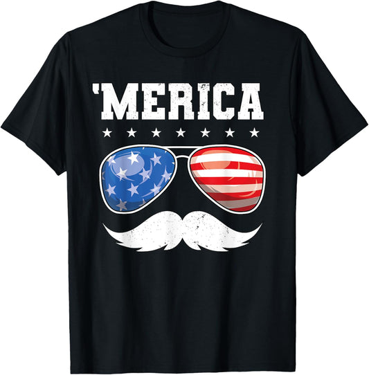 4th of July T shirt Men Boys Mustache Sunglasses USA Flag T-Shirt