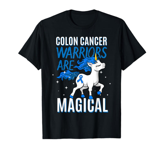 Colon Cancer Warrior Magical Unicorn Blue Ribbon Colorectal T-Shirt